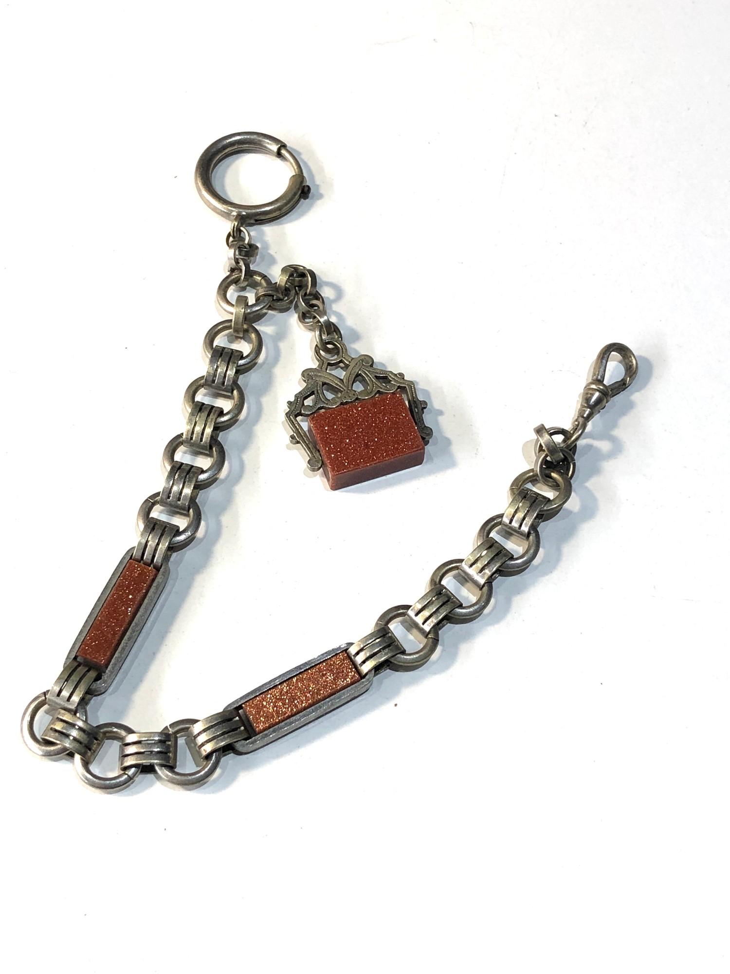 Antique stone set watch chain and fob white metal