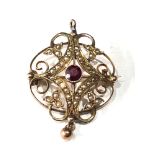 Antique 9ct gold seed-pearl pendant / brooch measures approx3.5cm drop 2.6cm wide missing small