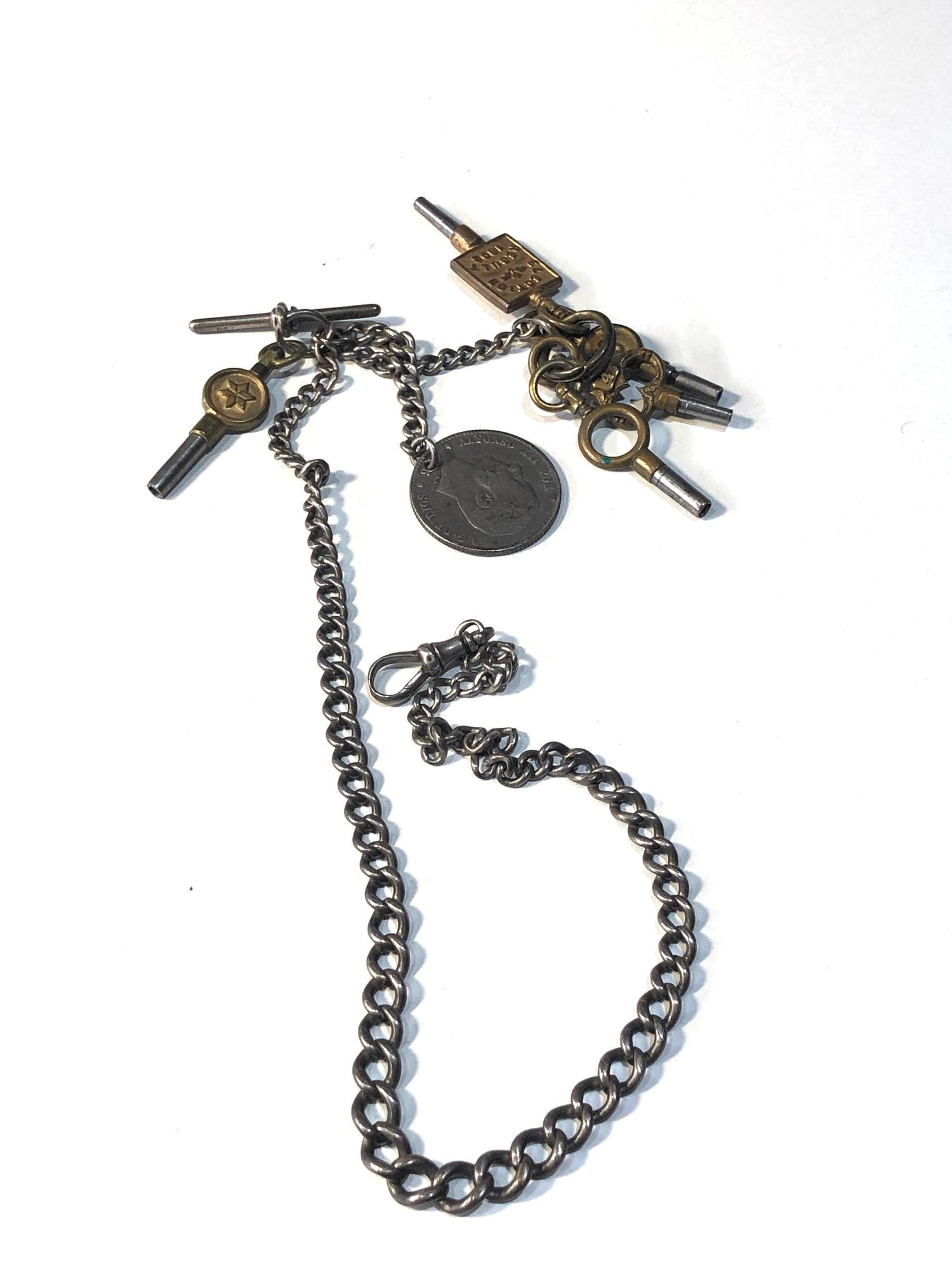 Silver watch chain with coin fob and keys total weight 39g