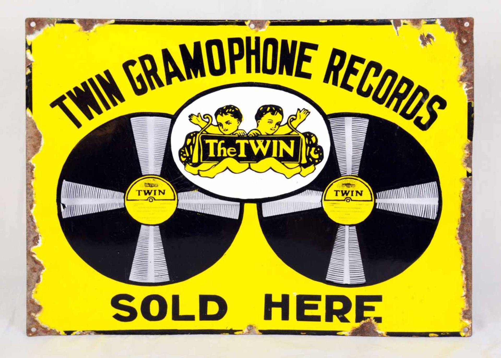 Enamel sign Twin Gramophone RecordsEnamel sign for Twin Gramophone Records, that has 6 mounting