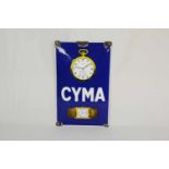 Curved enamel sign CYMAThis curved CYMA enamel sign has 4 mounting holes and one smaller hole on