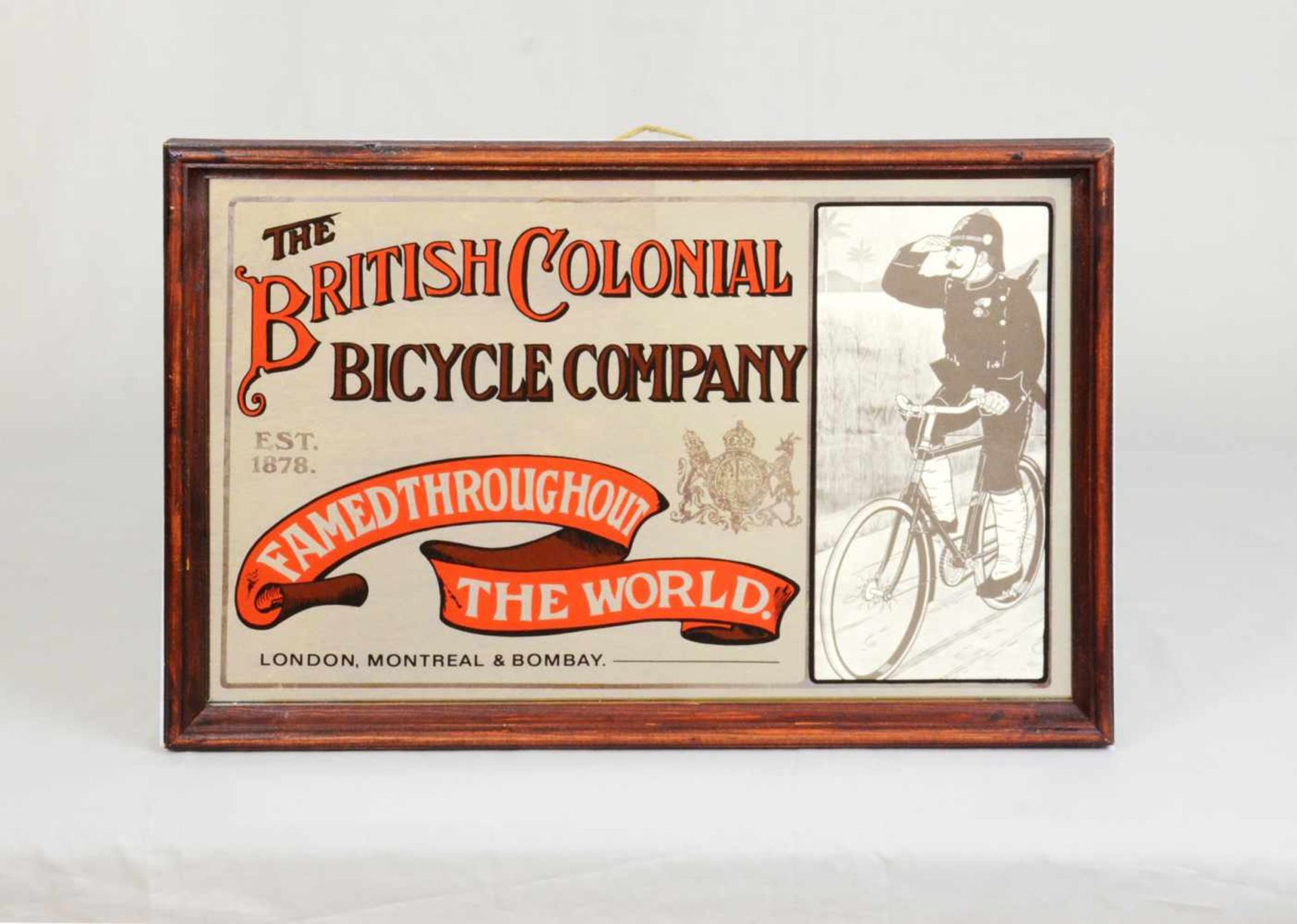 Advertisement on mirror "The British Colonial Bicycle Company"Advertisement printed on mirror - "The