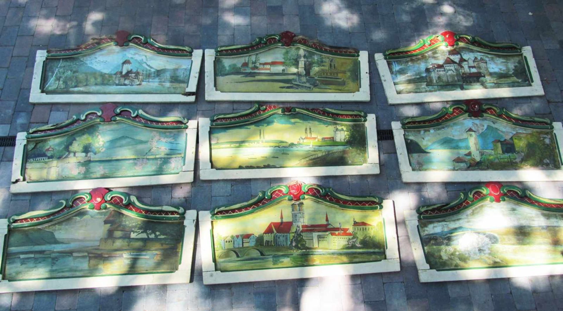 9 Panels from upper part of carrouselUpper part of carrousel, 9 pieces with landscape art. 100 x