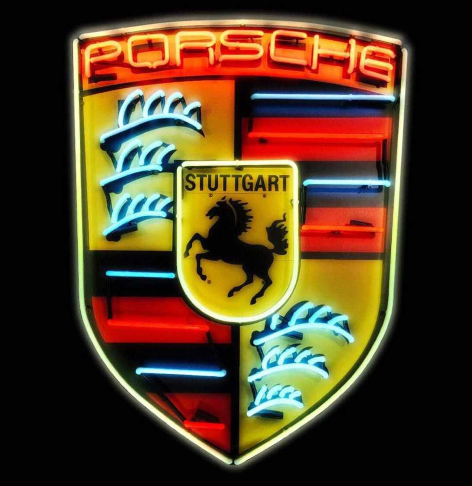 Porsche Logo Neon Sign XLLarge XL Neon - > 1 Meter. Big metal casing behind the neon. The sign still