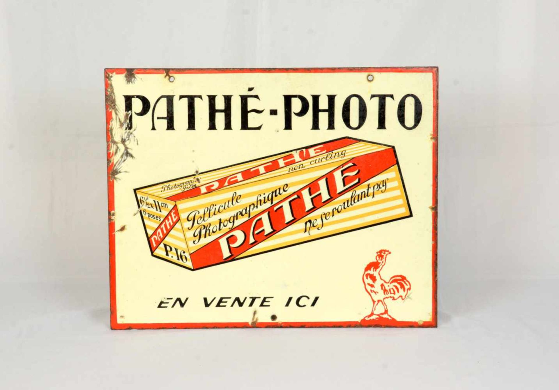Two-sided enamel sign Pathé-PhotoThis two-sided Pathé-Photo enamel sign is in French, has 3 mounting