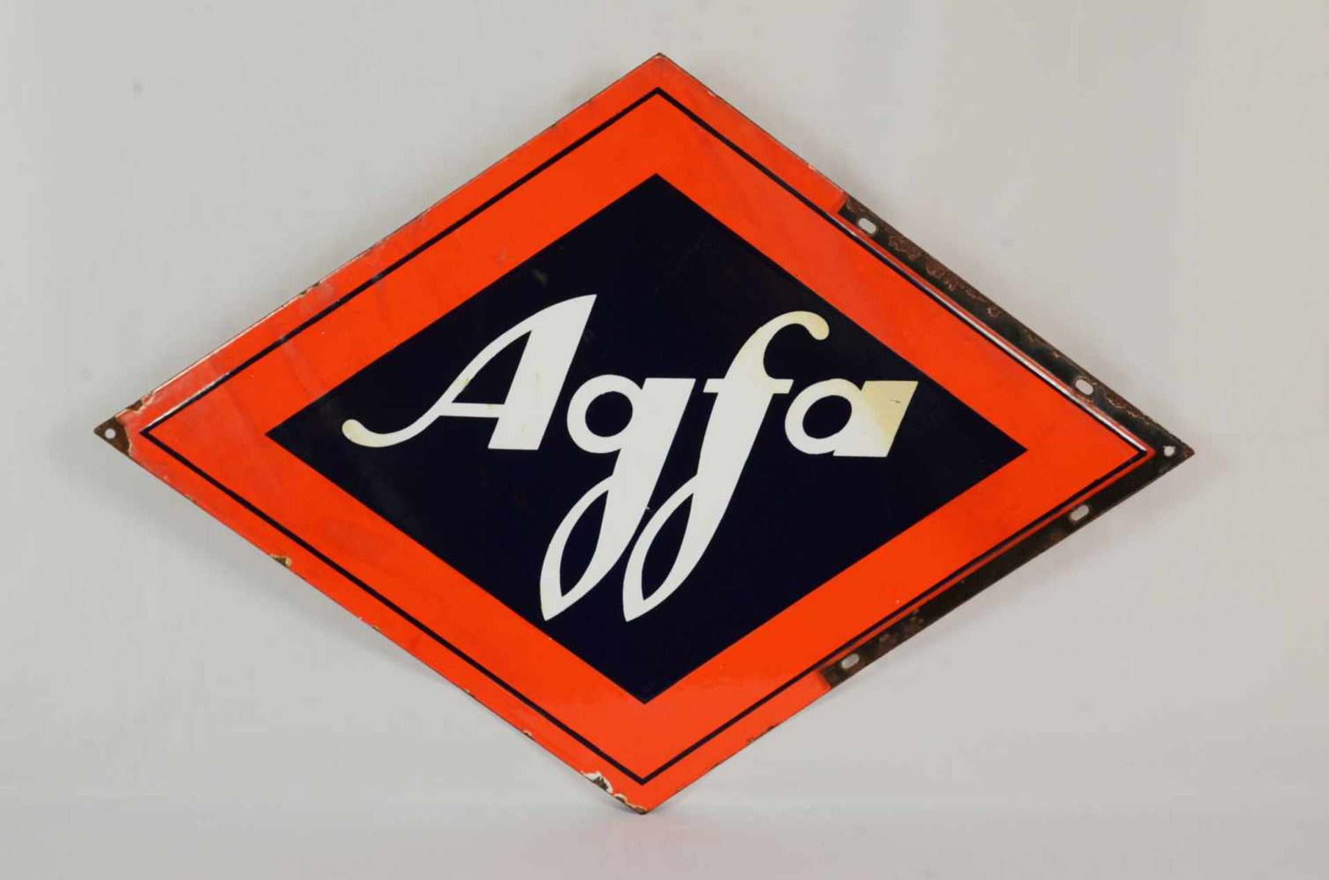 Two-sided enamel sign AgfaThis two-sided enamel sign Agfa has a corner mounting bracket with 5