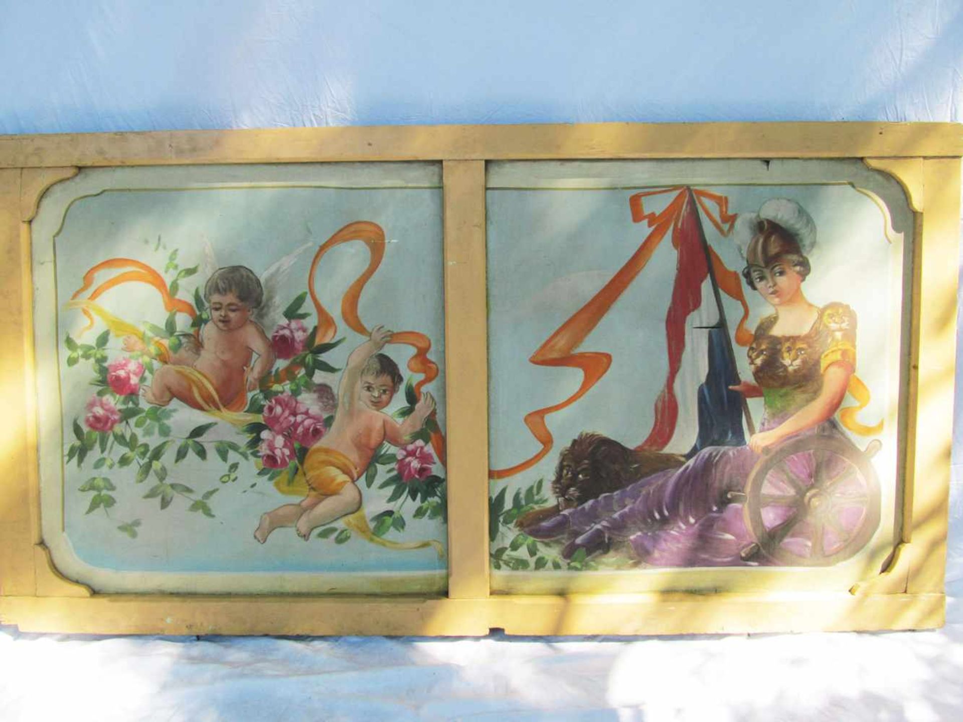 Fairground ArtLarge framed linen panel with nice art of Angels and woman holding the Dutch flag. 245