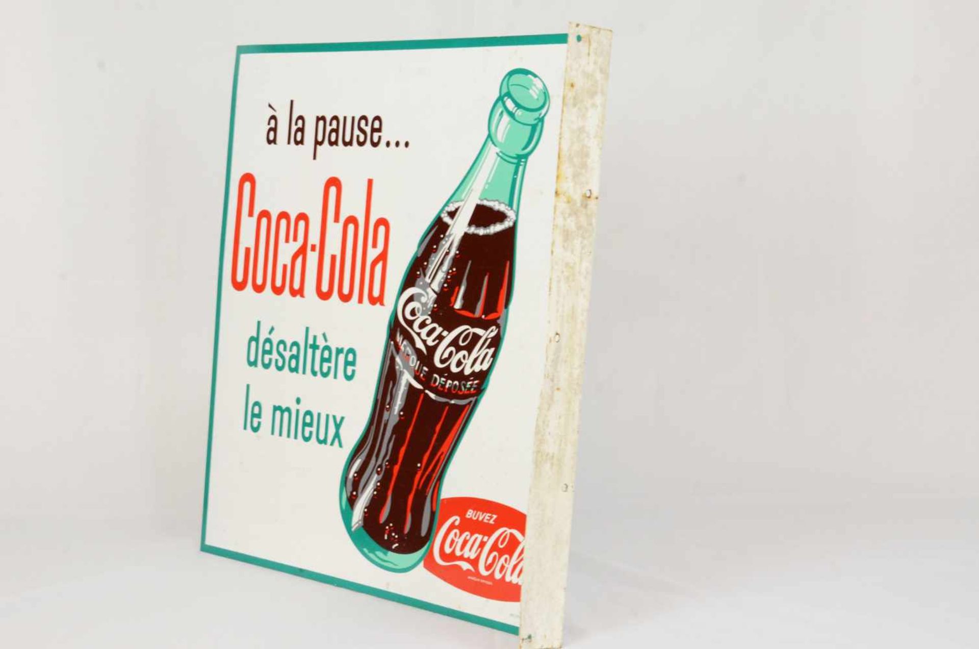 Two-sided metal Coca-Cola sign in FrenchThis two-sided Coca-Cola sign is in French and has a side - Bild 3 aus 4