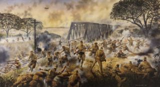 The Battle of Sittang Bridge, Burma signed, colour print