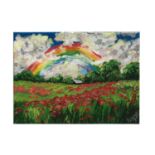 Rainbow, clouds and poppies in a field oil on canvas