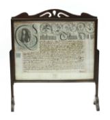 A 17th/18th century Indenture, now framed in a firescreen