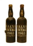 Dalva, Vintage Port, 1963, two bottles, wax capsule damaged, (TS/BN)