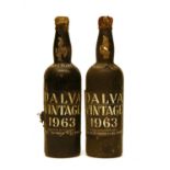 Dalva, Vintage Port, 1963, two bottles, wax capsule damaged, (TS/BN)