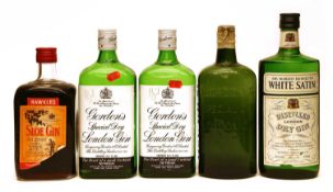 Assorted Gin to include: Gordons, White Satin and Hawkers, five bottles in total