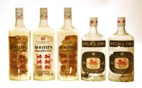 Booths, Finest Dry Gin, 70 proof, three bottles and High & Dry, 70 proof, two bottles