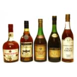 Assorted Cognac: Courvoisier, Three Star Luxe Cognac, one 24 fl. oz. bottle and four various others