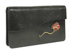 A black calf leather and lizard skin clutch bag,