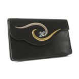 A black leather calf skin aquamarine and diamond set clutch bag,