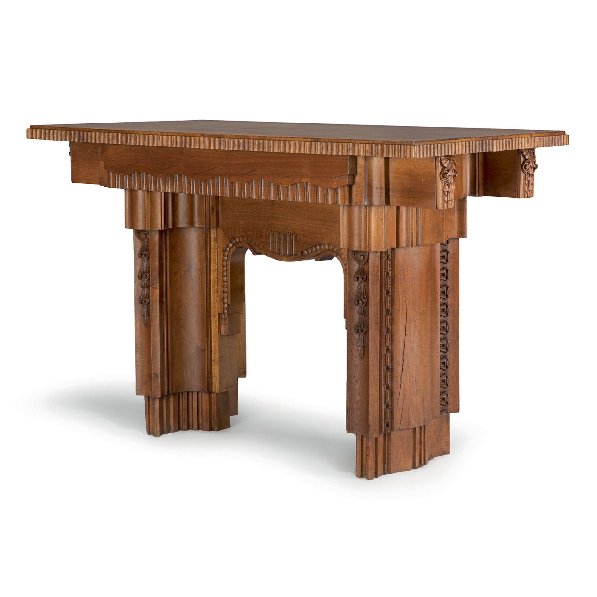 ANNÉES 20 - Table console rectangulaire à structure sculptée en noyer et placage [...]