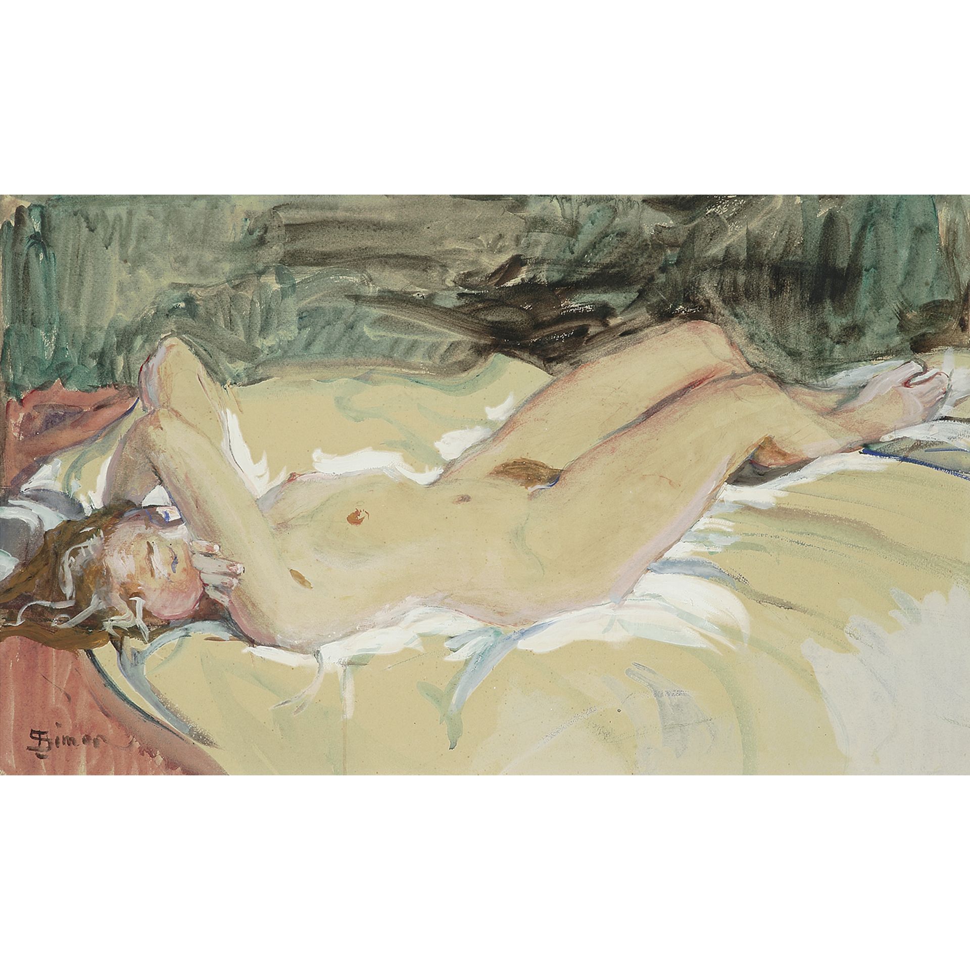 LUCIEN SIMON (1861-1945) - NU FÉMININ ALLONGÉ - Aquarelle et gouache sur papier [...]