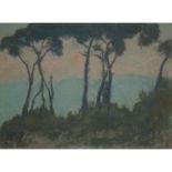 JEAN-FRANCIS AUBURTIN (1866-1930) - LUNE ROUSSE À TRAVERS LES PINS - Gouache sur [...]