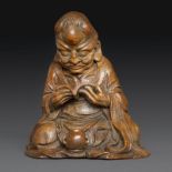 RARE LUOHAN - en racine de bambou, représenté assis avec son bol à aumônes, en [...]