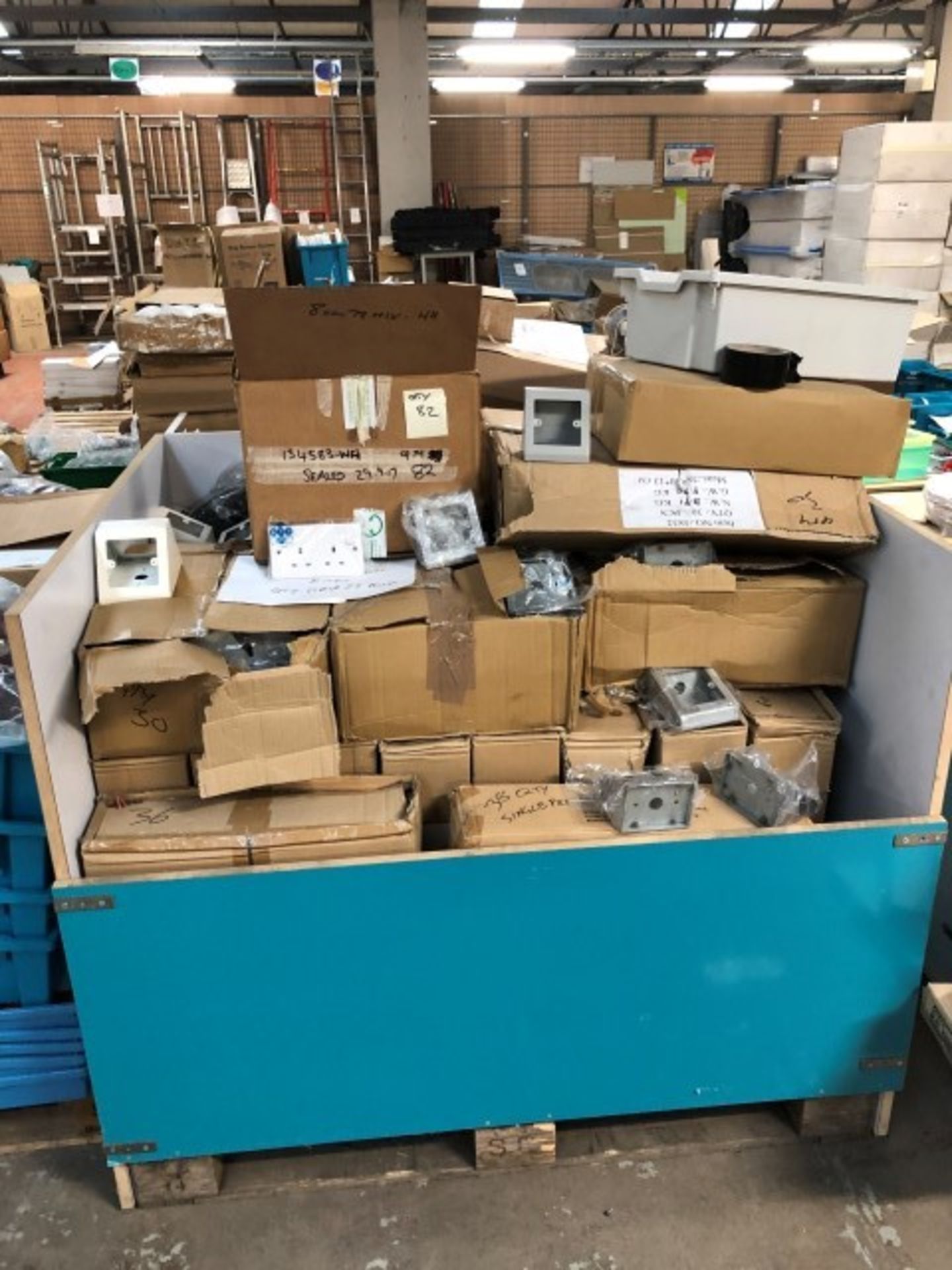 large quantity of electric mounting boxes and plug sockets as lotted over box pallet and flat palle