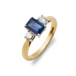 An 18ct gold sapphire and diamond three-stone ring.