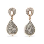 A pair of cultured baroque pearl and diamond pendant earrings.