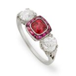 A spinel and diamond three-stone ring.