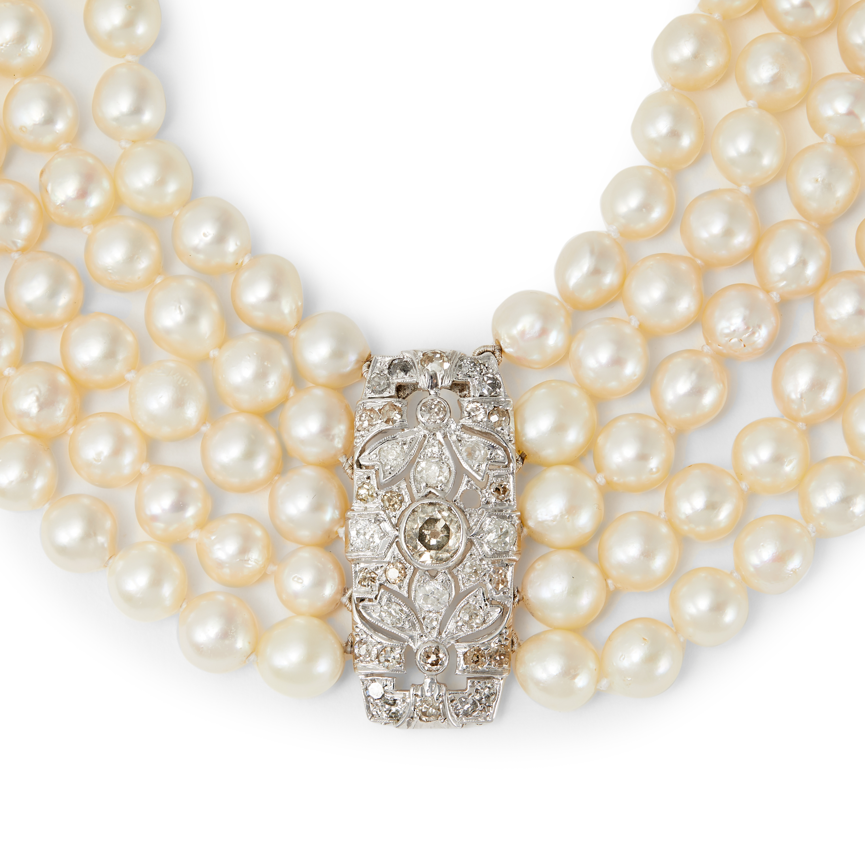 An five-row cultured pearl choker necklace, with an early 20th century diamond panel highlight.