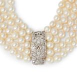 An five-row cultured pearl choker necklace, with an early 20th century diamond panel highlight.