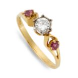 An 18ct gold ruby and diamond three-stone ring.