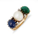 A pearl, sapphire, emerald and diamond three-stone ring.