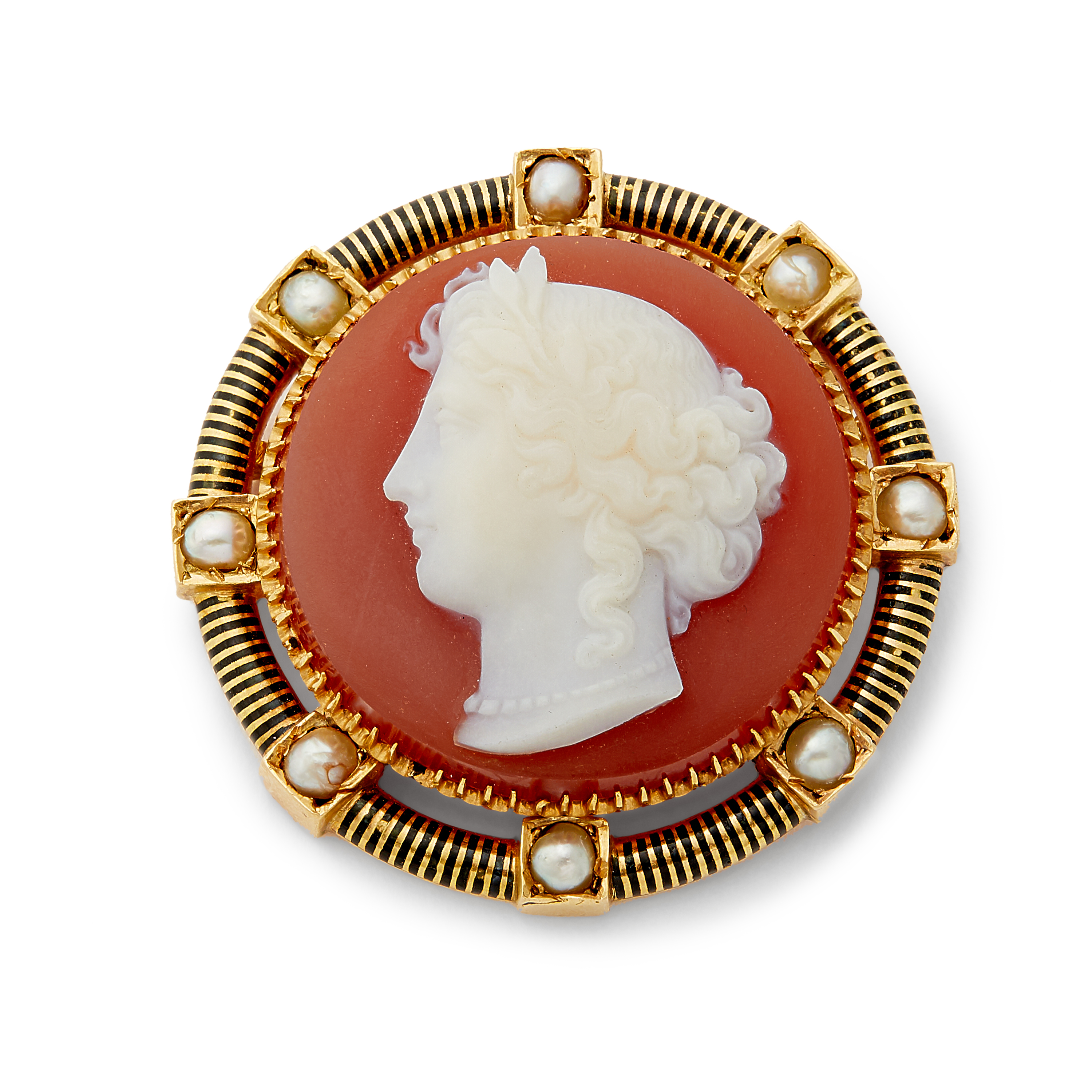 A late Victorian hard stone cameo and split pearl brooch.