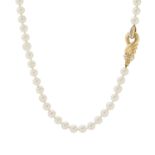 A single row cultured pearl necklace, with an 18ct gold diamond set clasp.