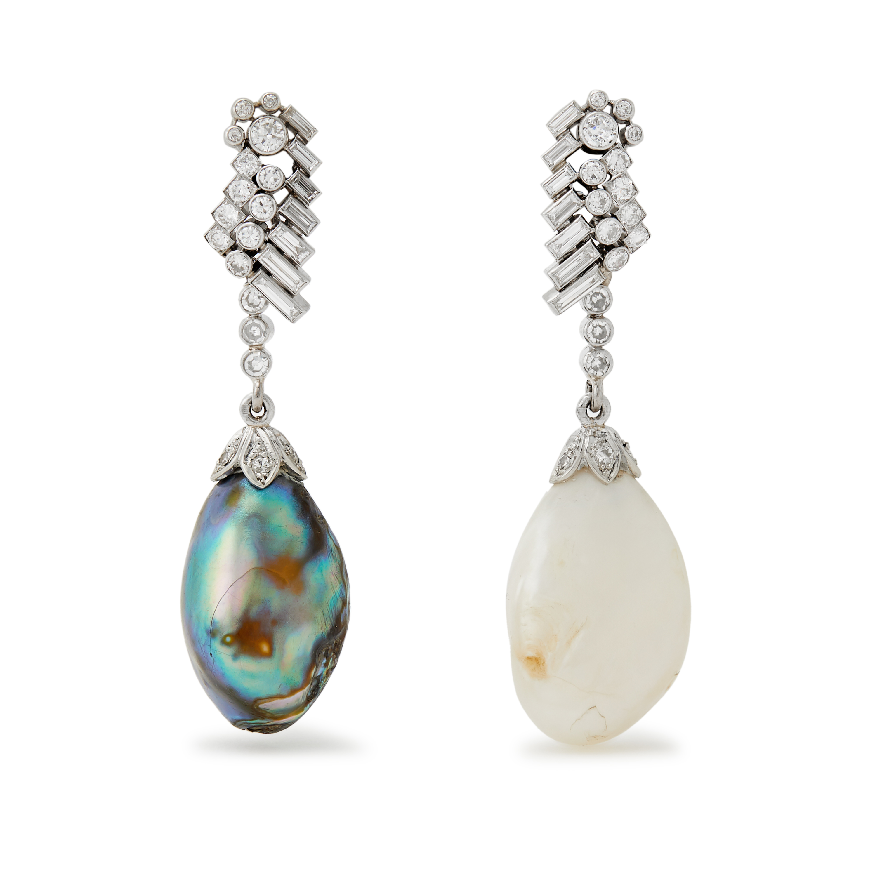 A pair of mid 20th century baroque pearl and diamond day/night pendant earrings.