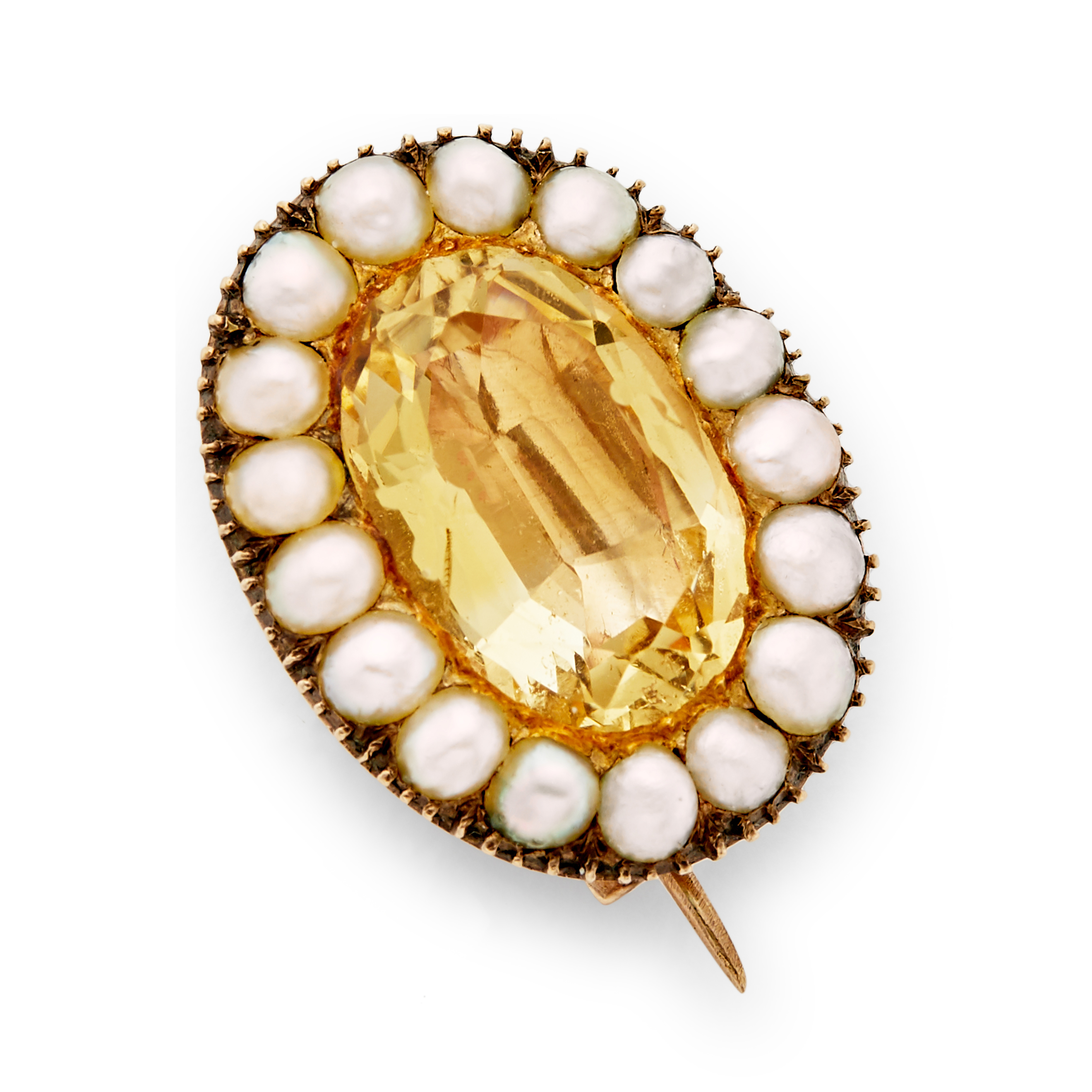 A mid 19th century foil back topaz and pearl brooch.