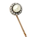 A Victorian pearl and old-cut diamond stick pin.