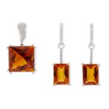 A pair of citrine and diamond earrings and pendant.