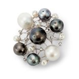 A cultured pearl and diamond brooch.