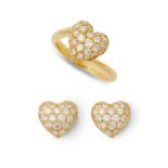 Cartier - an 18ct gold diamond ring and stud earring suite.