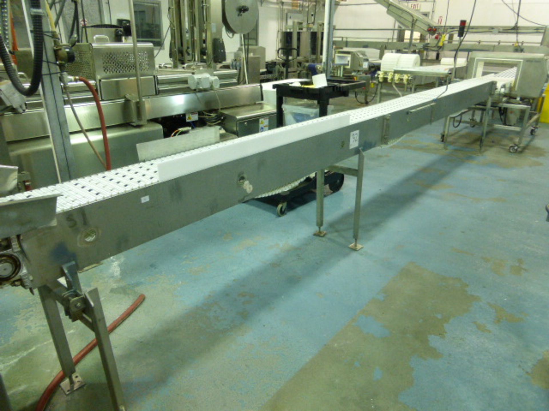 s/s transfer conveyor with plastic belting, 10 in. x 24 ft.