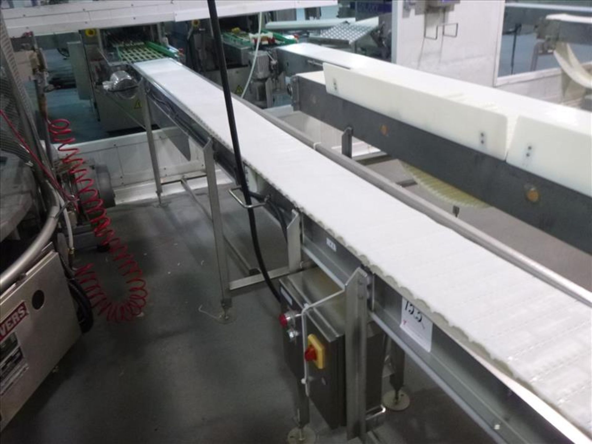 conveyor, s/s, powered, interlox belt, approx. 10 in. x 30 ft. c/w wash-down motor