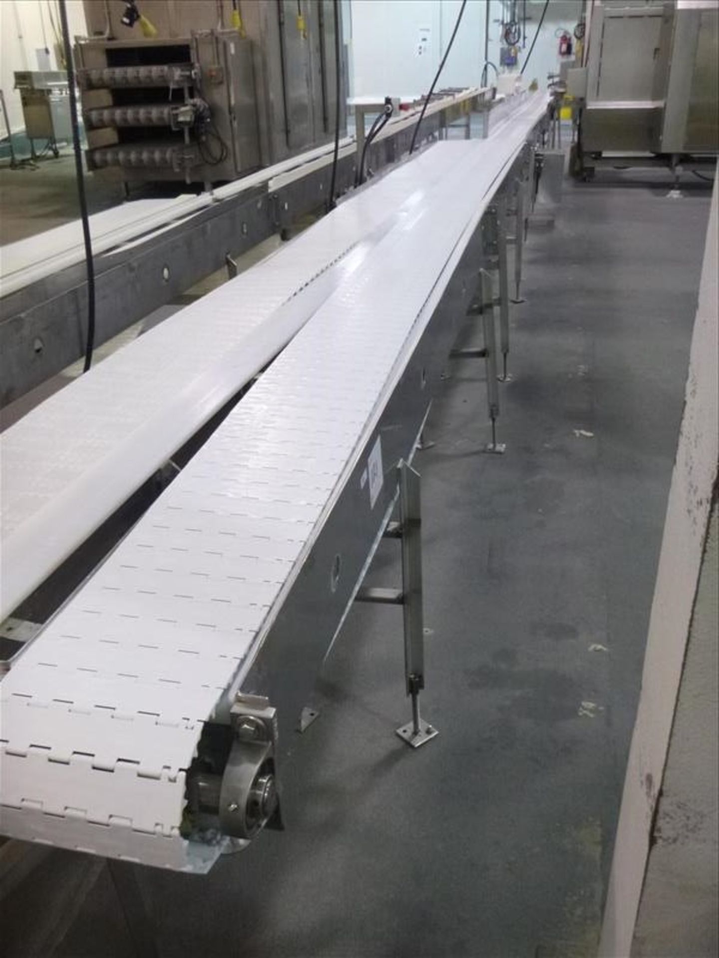 conveyor, s/s, powered, interlox belt, approx. 10 in. x 40 ft.