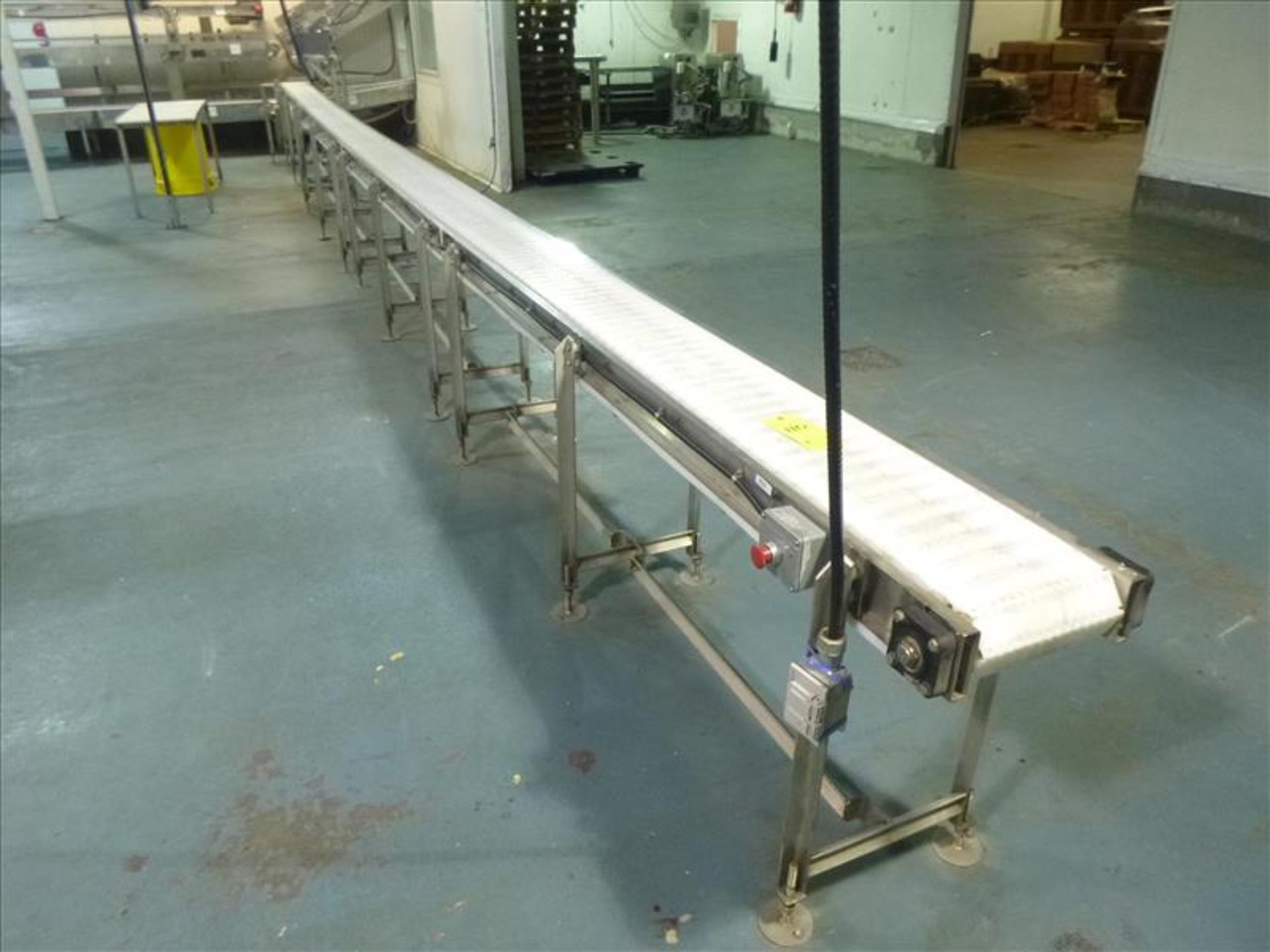 conveyor, s/s, powered, interlox belt, approx. 10 in. x 40 ft.