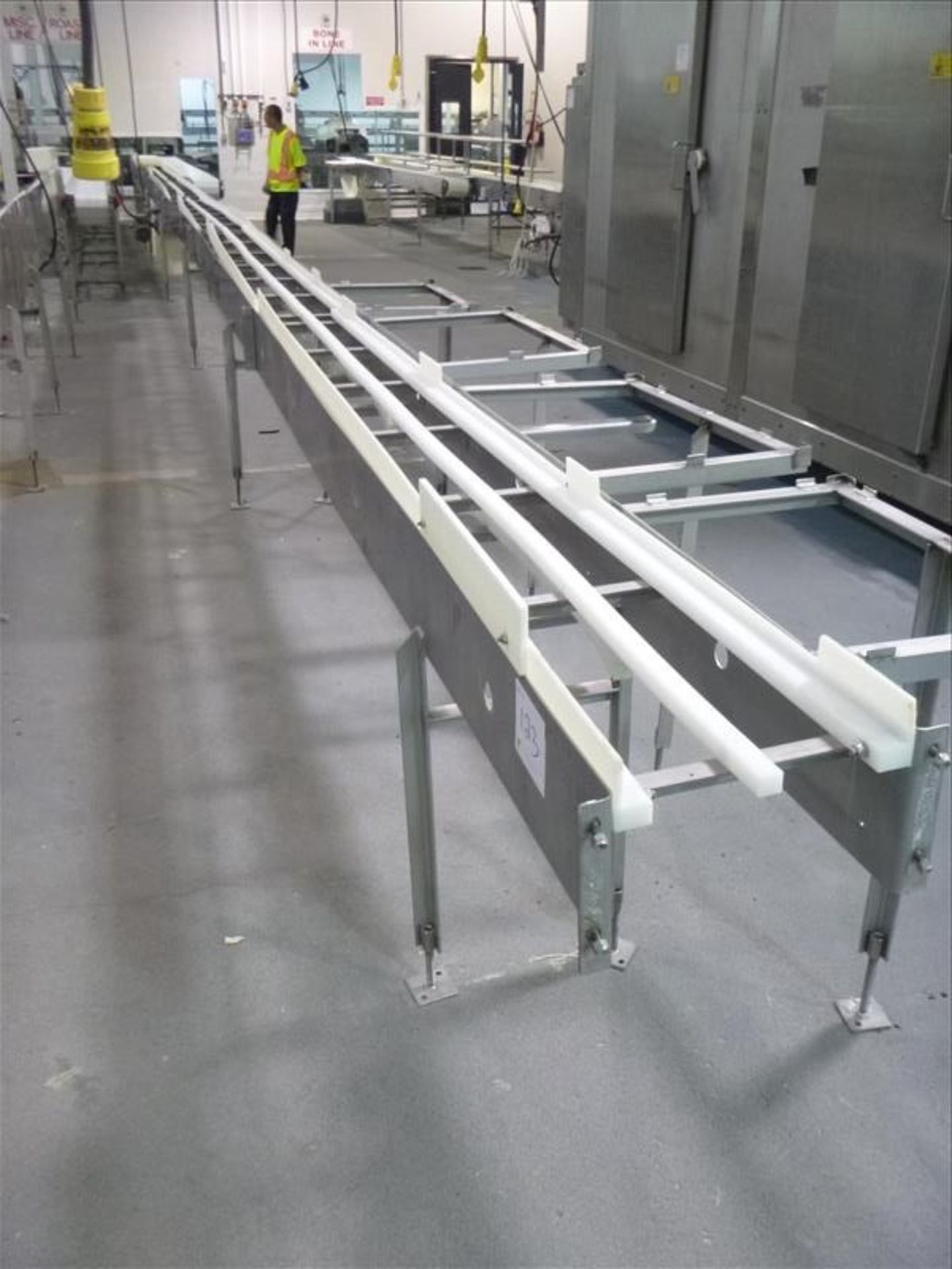 conveyor, s/s, powered, interlox belt, approx. 10 in. x 60 ft. and 10 in. x 24 ft. (no belt)