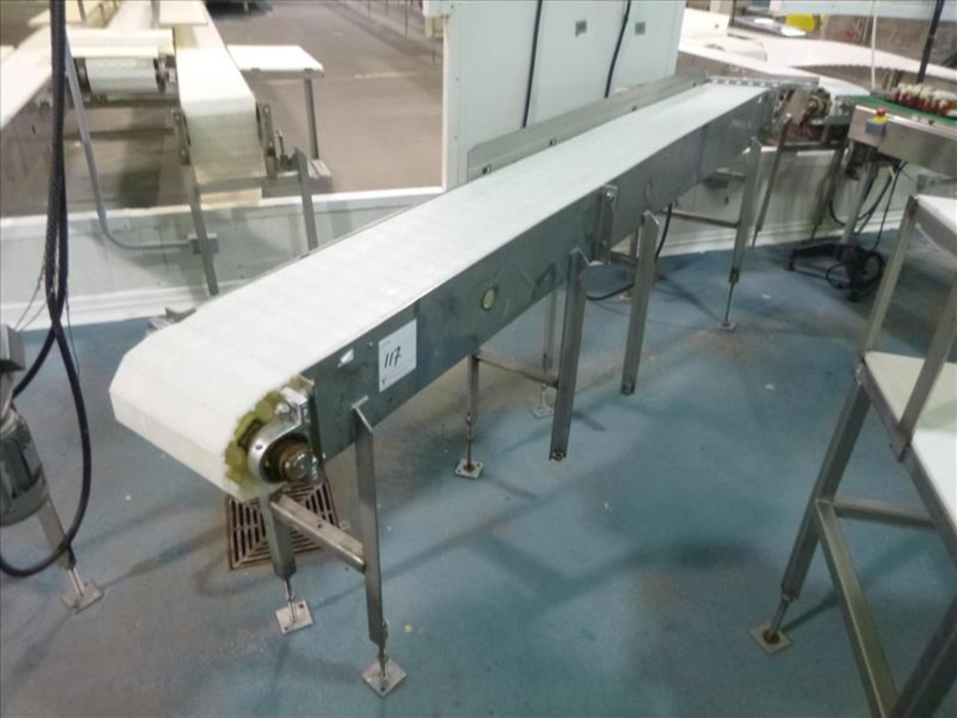 conveyor, s/s, powered, interlox belt, approx. 10 in. x 9 ft.