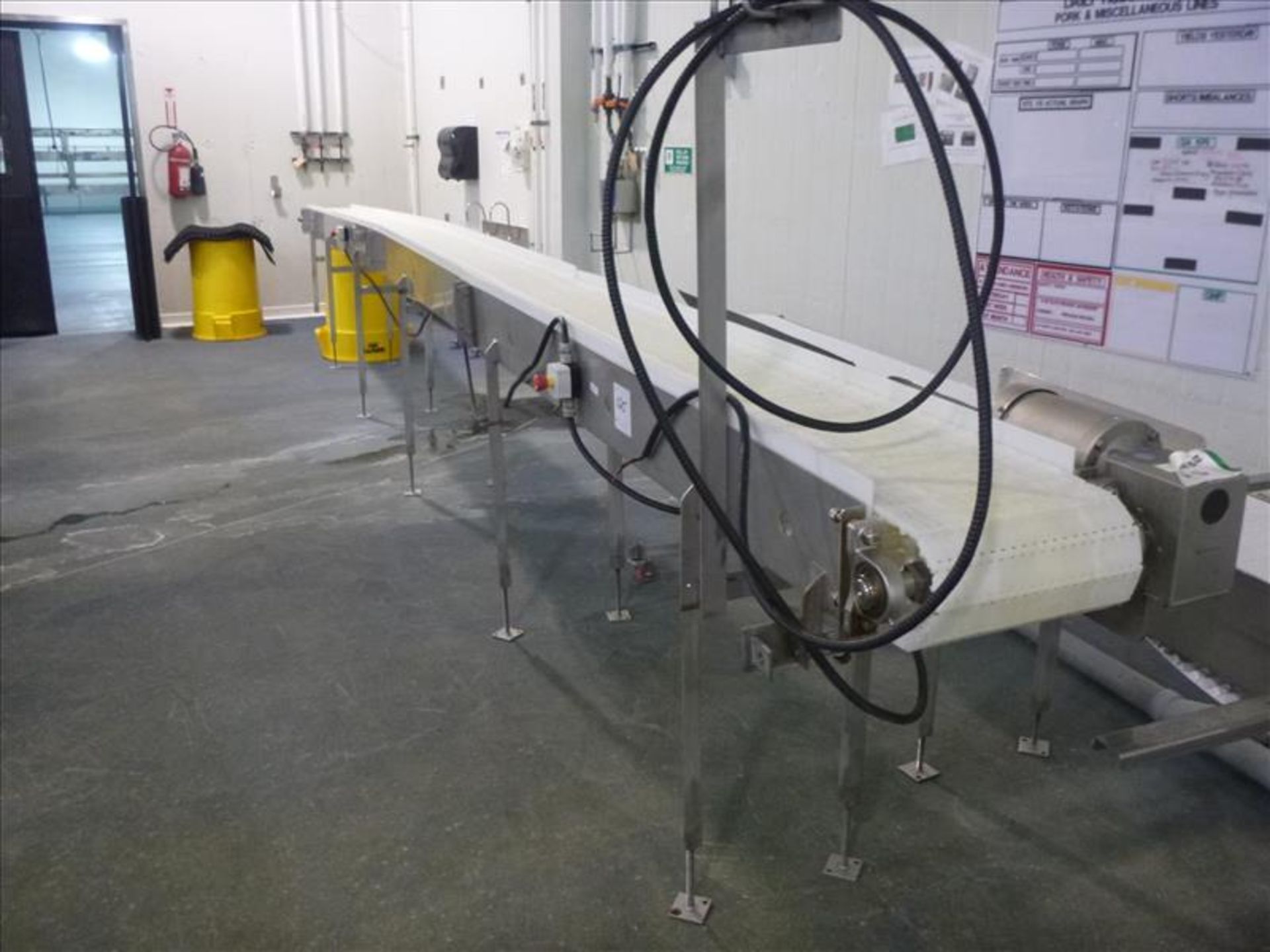 conveyor, s/s, powered, interlox belt, approx. 13 in. x 30 ft. c/w wash-down motor