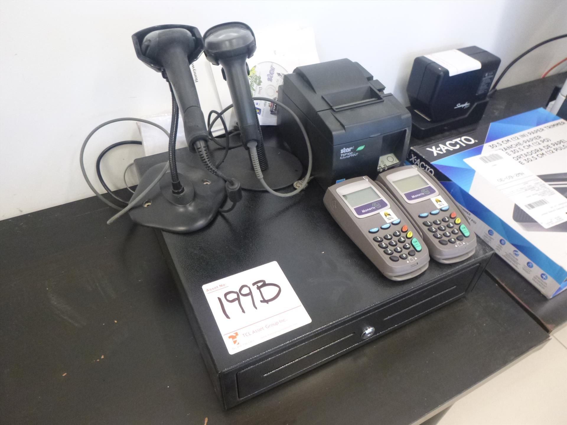 cash box c/w (2) card readers, (2) barcode scanners and Star receipt printer, model TSP100